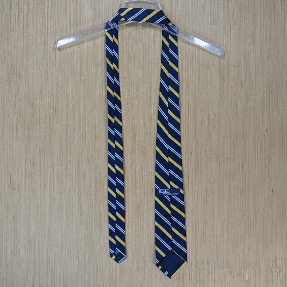 Polo Ralph Lauren Mens Silk Tie Navy Blue Yellow Striped Hand Made in Italy